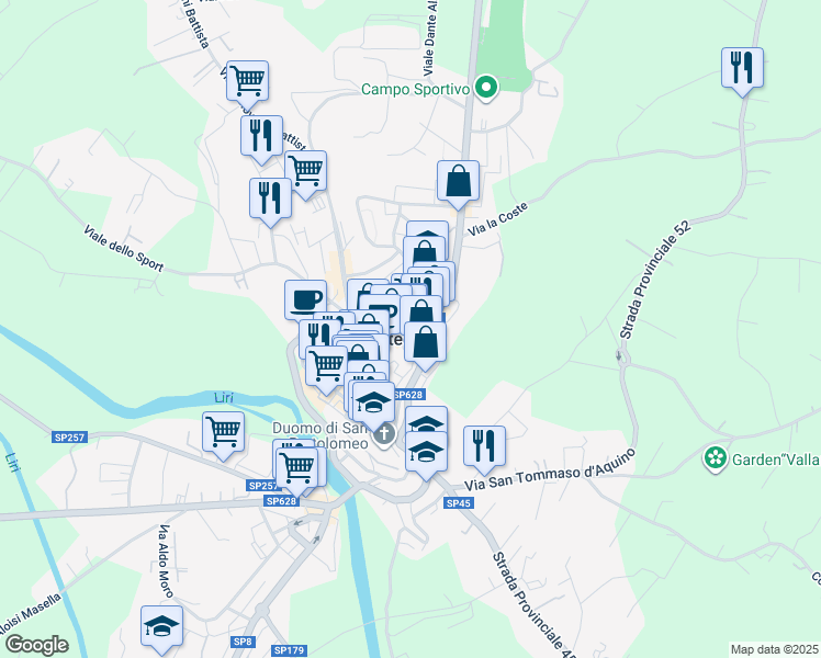 map of restaurants, bars, coffee shops, grocery stores, and more near 5 Via la Cupa in Pontecorvo