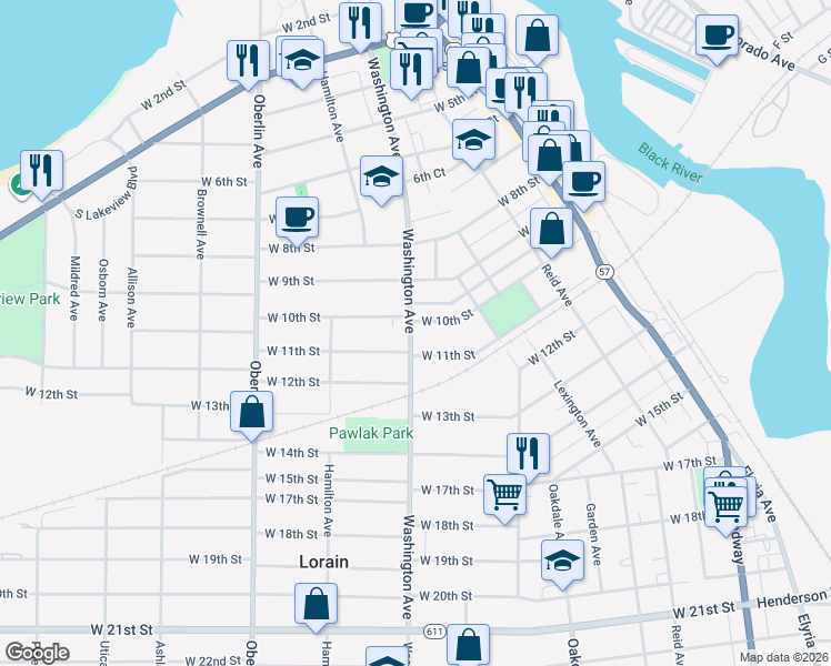 map of restaurants, bars, coffee shops, grocery stores, and more near 969 Washington Avenue in Lorain