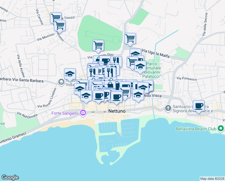 map of restaurants, bars, coffee shops, grocery stores, and more near 86 Via Santa Maria in Nettuno