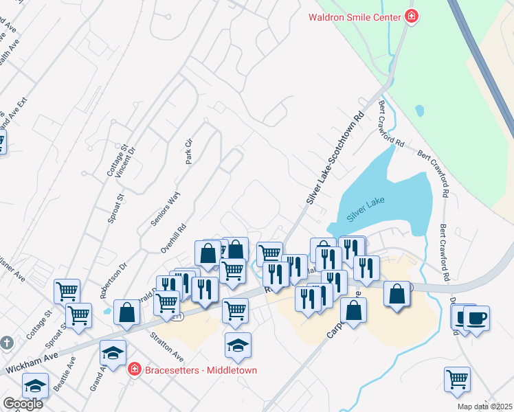 map of restaurants, bars, coffee shops, grocery stores, and more near 100-700 Stratford Lane in Middletown