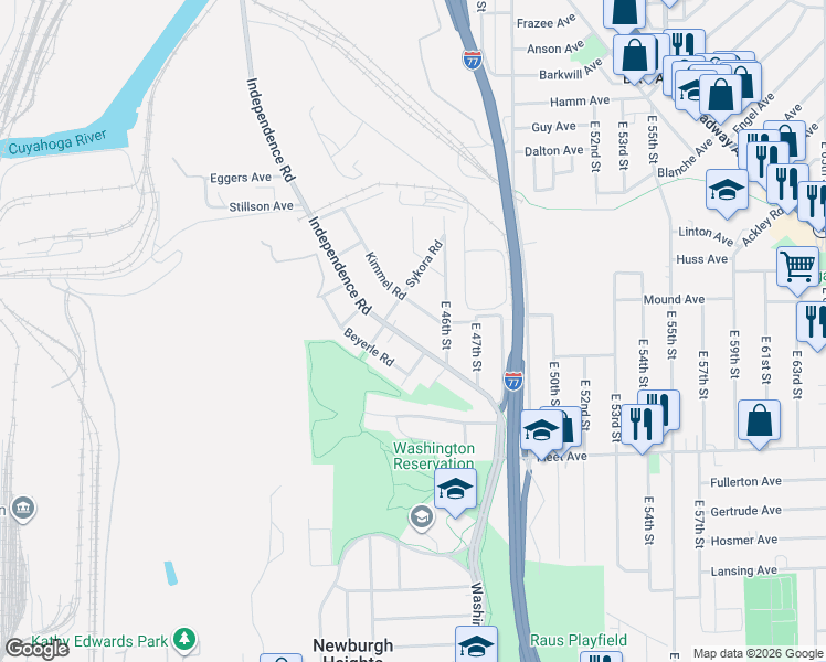 map of restaurants, bars, coffee shops, grocery stores, and more near 3561 Independence Road in Cleveland
