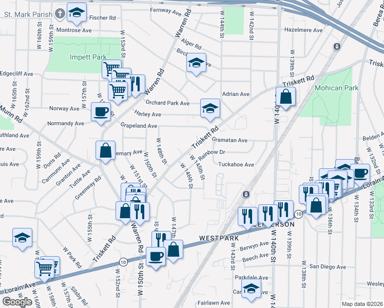 map of restaurants, bars, coffee shops, grocery stores, and more near 14475 Triskett Road in Cleveland