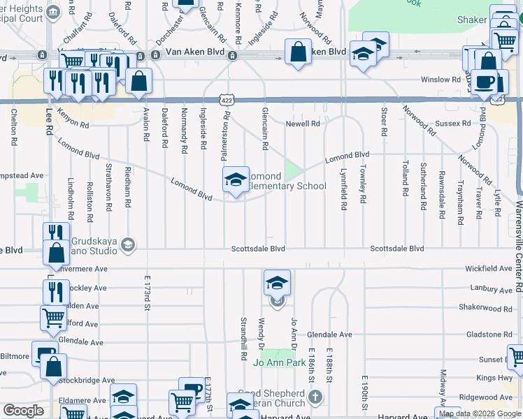 map of restaurants, bars, coffee shops, grocery stores, and more near 18129 Lomond Boulevard in Shaker Heights