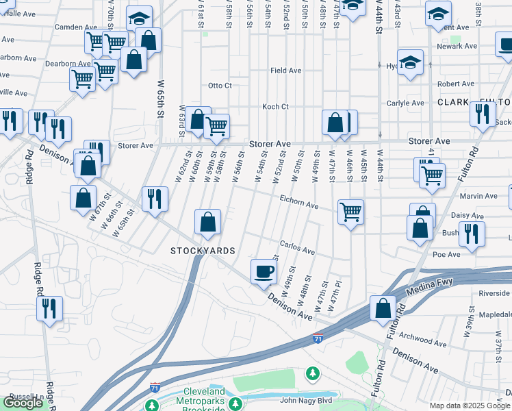 map of restaurants, bars, coffee shops, grocery stores, and more near 3468 West 54th Street in Cleveland