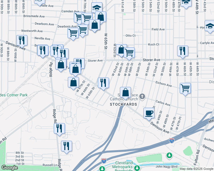 map of restaurants, bars, coffee shops, grocery stores, and more near 3468 West 63rd Street in Cleveland