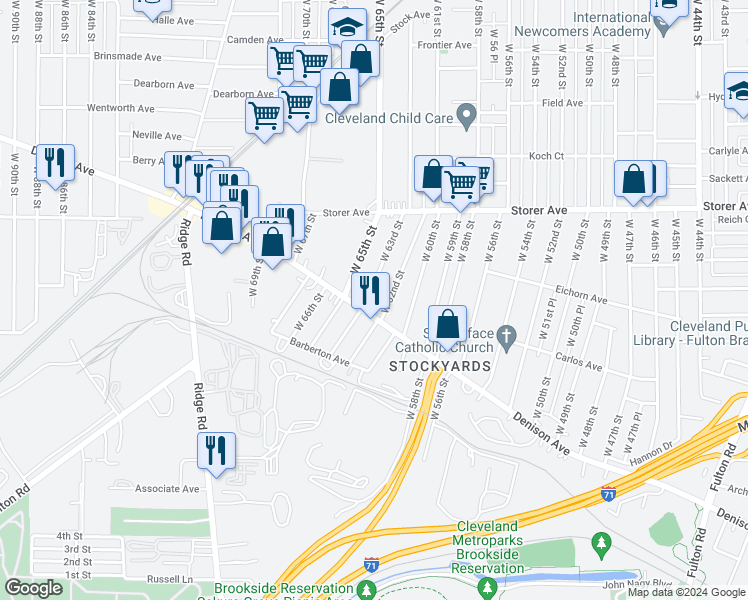 map of restaurants, bars, coffee shops, grocery stores, and more near 3468 West 63rd Street in Cleveland
