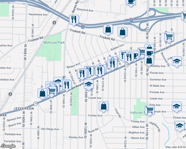 map of restaurants, bars, coffee shops, grocery stores, and more near 3411 West 129th Street in Cleveland