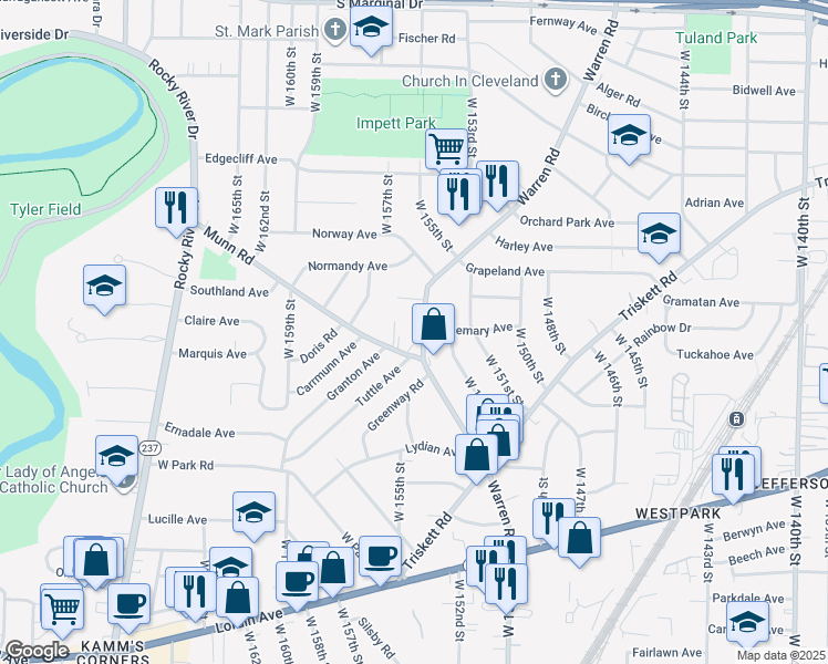 map of restaurants, bars, coffee shops, grocery stores, and more near 15521 Frick Court in Cleveland