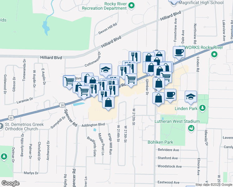 map of restaurants, bars, coffee shops, grocery stores, and more near 21581 Center Ridge Road in Rocky River