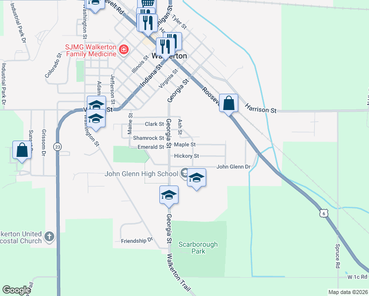 map of restaurants, bars, coffee shops, grocery stores, and more near 208 Maple Street in Walkerton