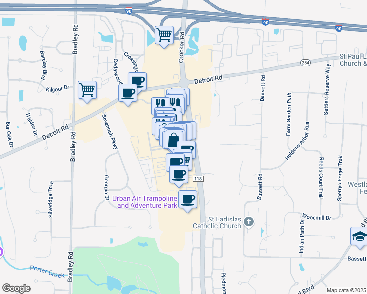map of restaurants, bars, coffee shops, grocery stores, and more near 148 Crocker Park Blvd in Westlake