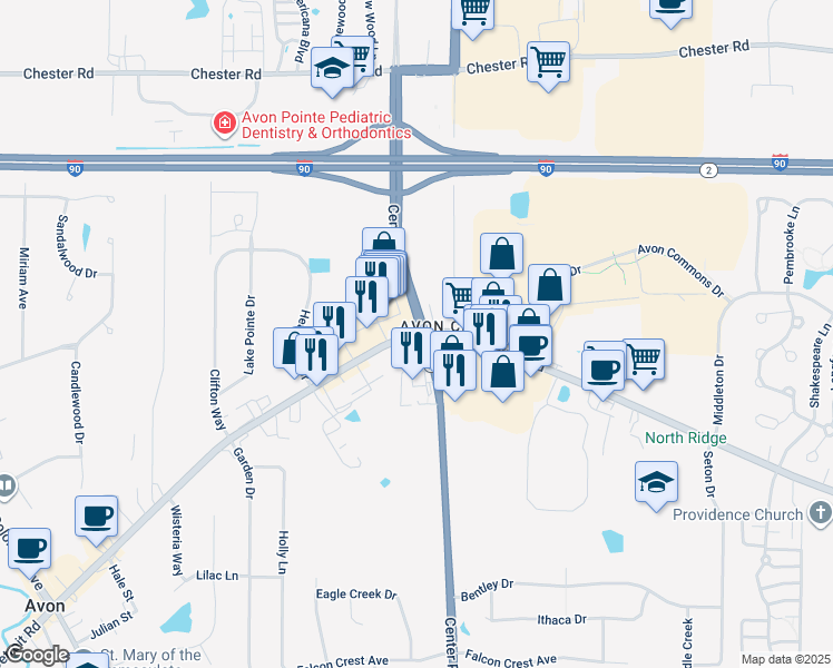 map of restaurants, bars, coffee shops, grocery stores, and more near 36036 Detroit Road in Avon