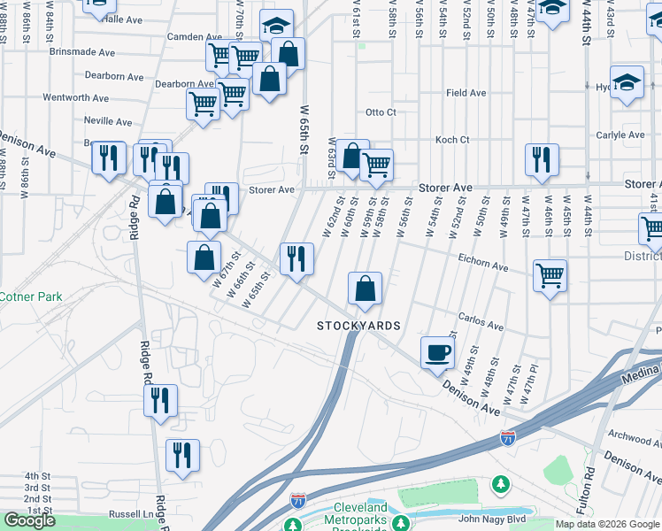 map of restaurants, bars, coffee shops, grocery stores, and more near 3467 West 62nd Street in Cleveland