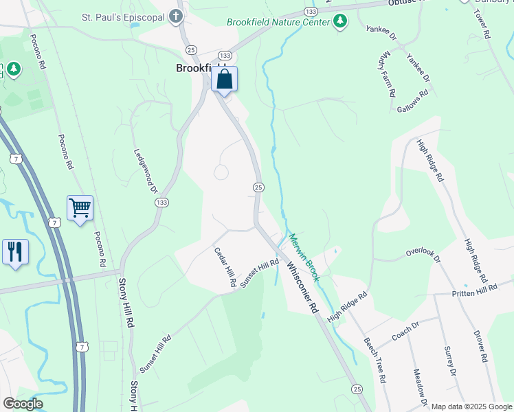 map of restaurants, bars, coffee shops, grocery stores, and more near Route 25 in Brookfield