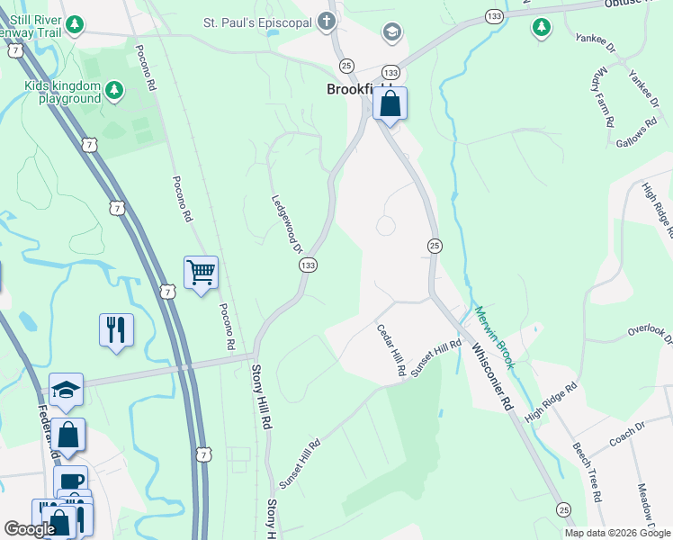 map of restaurants, bars, coffee shops, grocery stores, and more near 23 Junction Rd in Brookfield