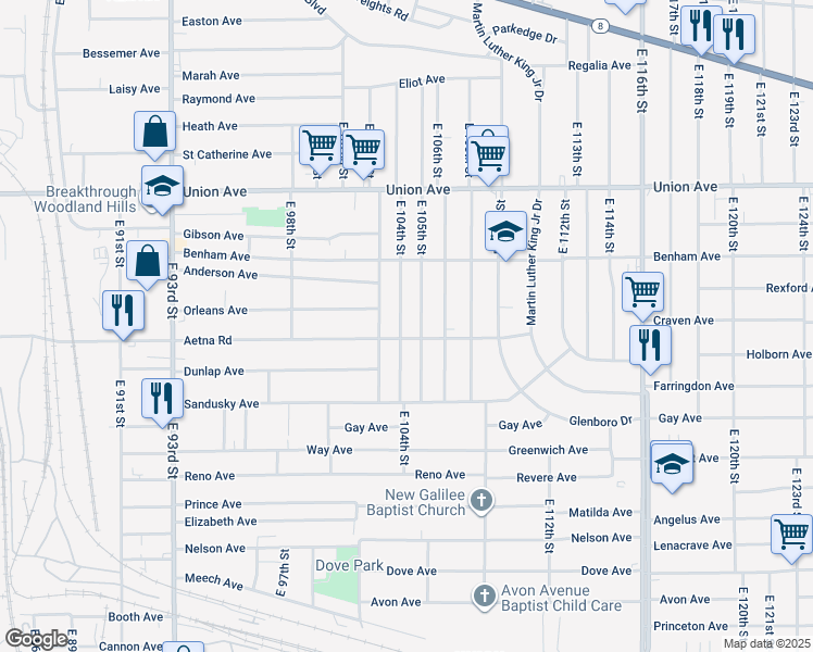 map of restaurants, bars, coffee shops, grocery stores, and more near 3622 East 105th Street in Cleveland