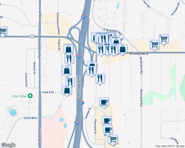 map of restaurants, bars, coffee shops, grocery stores, and more near 3690 Orange Place in Beachwood