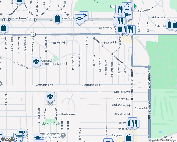 map of restaurants, bars, coffee shops, grocery stores, and more near 3662 Stoer Road in Shaker Heights