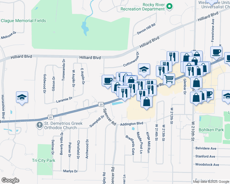 map of restaurants, bars, coffee shops, grocery stores, and more near 21980 Center Ridge Rd in Rocky River