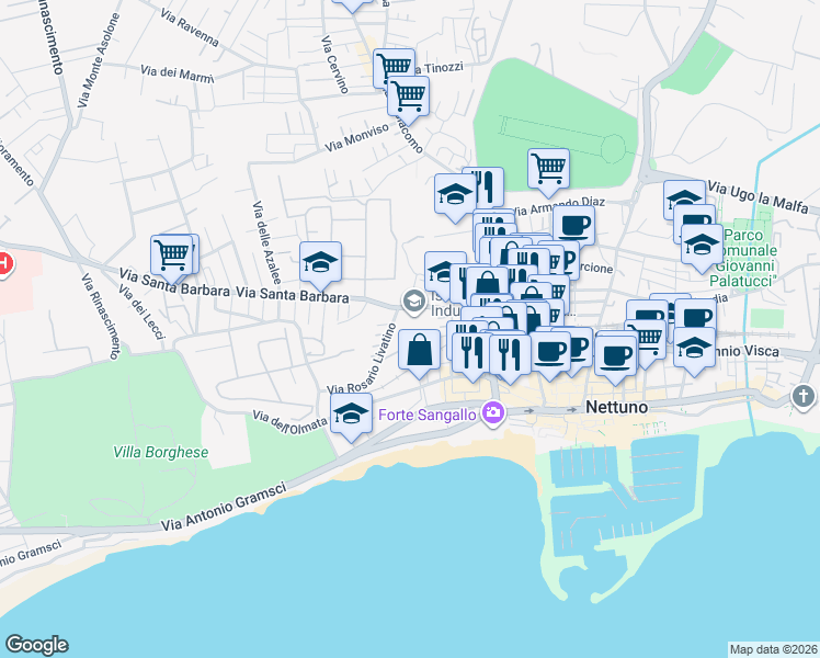map of restaurants, bars, coffee shops, grocery stores, and more near 53 Via Santa Barbara in Nettuno