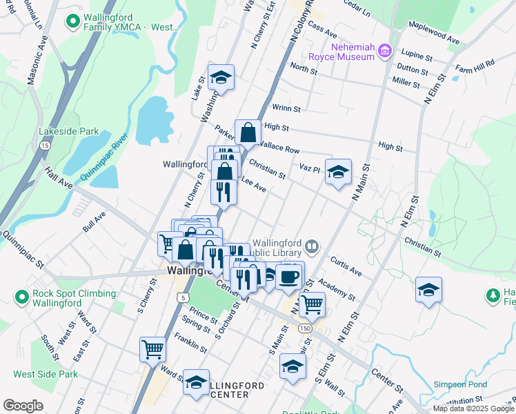 map of restaurants, bars, coffee shops, grocery stores, and more near 114 William Street in Wallingford