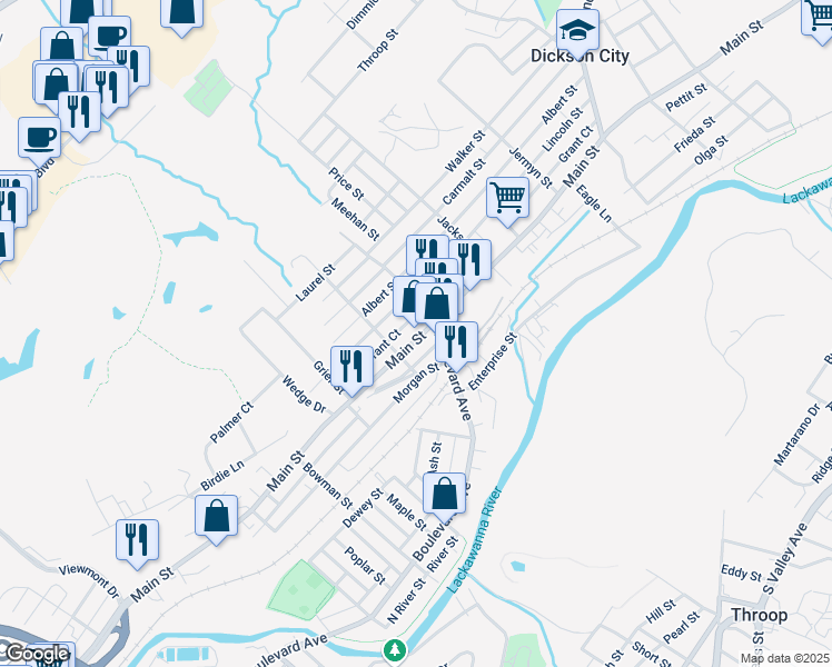 map of restaurants, bars, coffee shops, grocery stores, and more near 711 Grant Ct in Dickson City