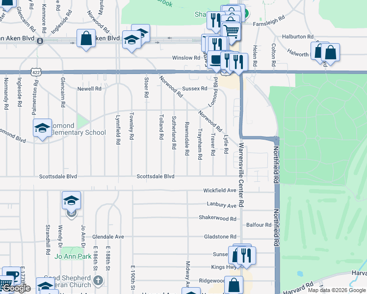 map of restaurants, bars, coffee shops, grocery stores, and more near 3665 Sutherland Road in Shaker Heights