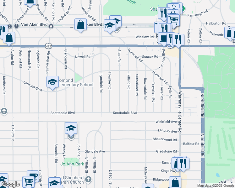 map of restaurants, bars, coffee shops, grocery stores, and more near 3662 Stoer Road in Shaker Heights