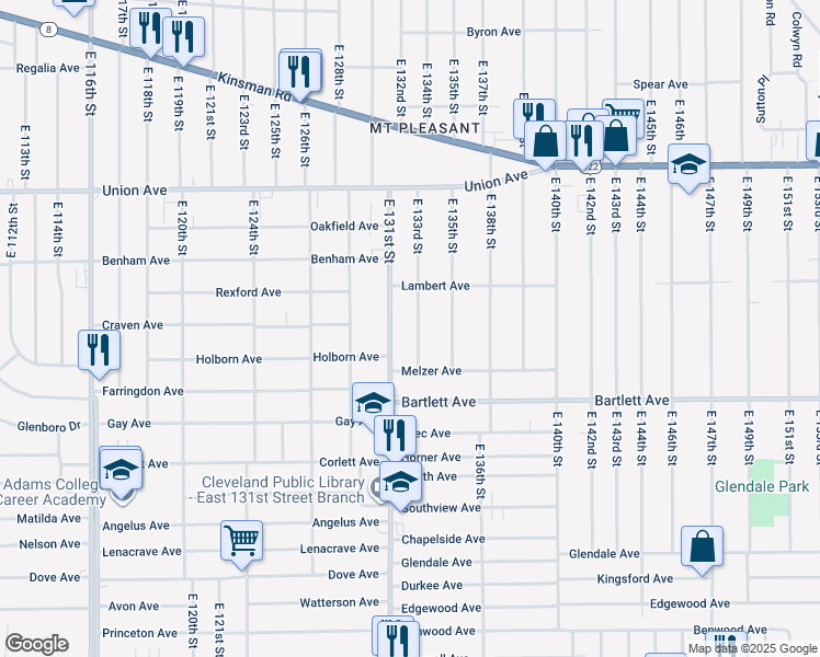 map of restaurants, bars, coffee shops, grocery stores, and more near 3633 East 131st Street in Cleveland