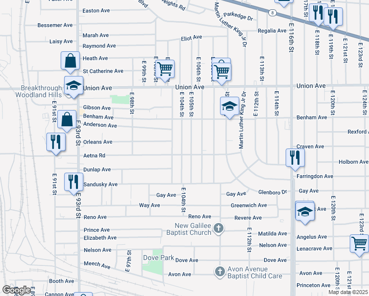 map of restaurants, bars, coffee shops, grocery stores, and more near 3622 East 105th Street in Cleveland