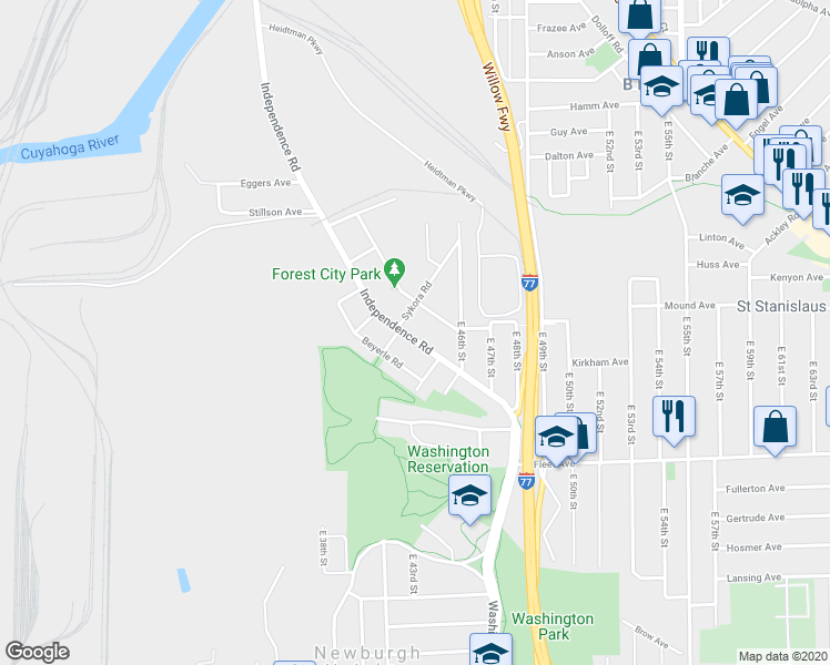 map of restaurants, bars, coffee shops, grocery stores, and more near 3561 Independence Road in Cleveland