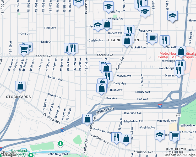 map of restaurants, bars, coffee shops, grocery stores, and more near 4134 Marvin Avenue in Cleveland