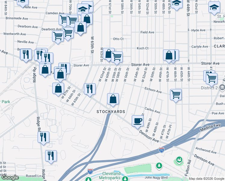 map of restaurants, bars, coffee shops, grocery stores, and more near 3466 West 59th Street in Cleveland