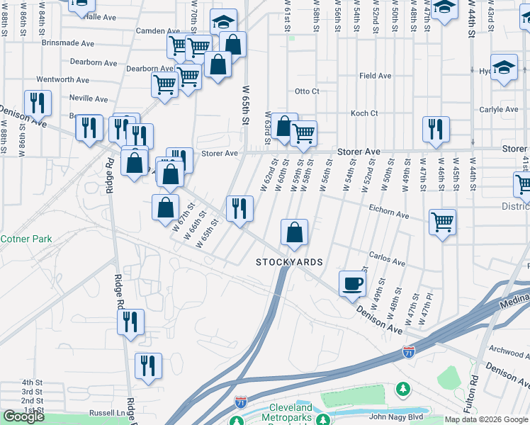 map of restaurants, bars, coffee shops, grocery stores, and more near 3467 West 62nd Street in Cleveland