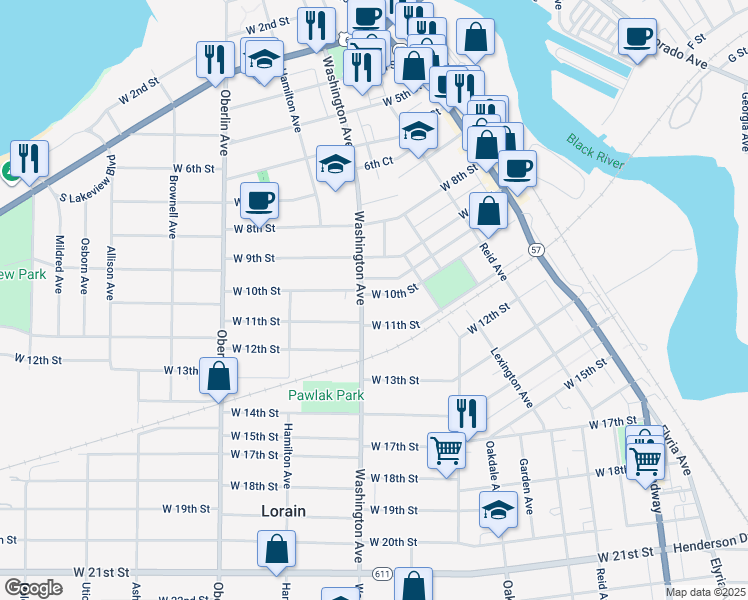 map of restaurants, bars, coffee shops, grocery stores, and more near 969 Washington Avenue in Lorain