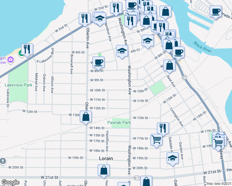 map of restaurants, bars, coffee shops, grocery stores, and more near 1028 West 10th Street in Lorain
