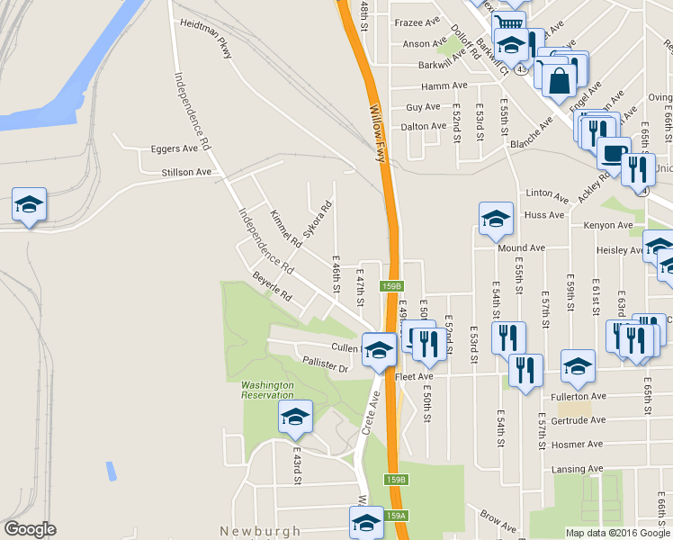 map of restaurants, bars, coffee shops, grocery stores, and more near E 46th St & Kimmel Rd in Cleveland