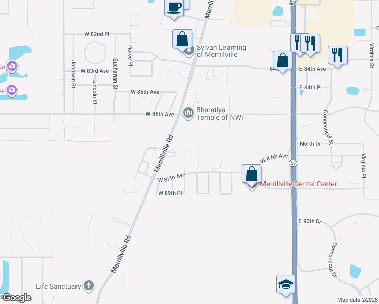 map of restaurants, bars, coffee shops, grocery stores, and more near 748 West 86th Lane in Merrillville