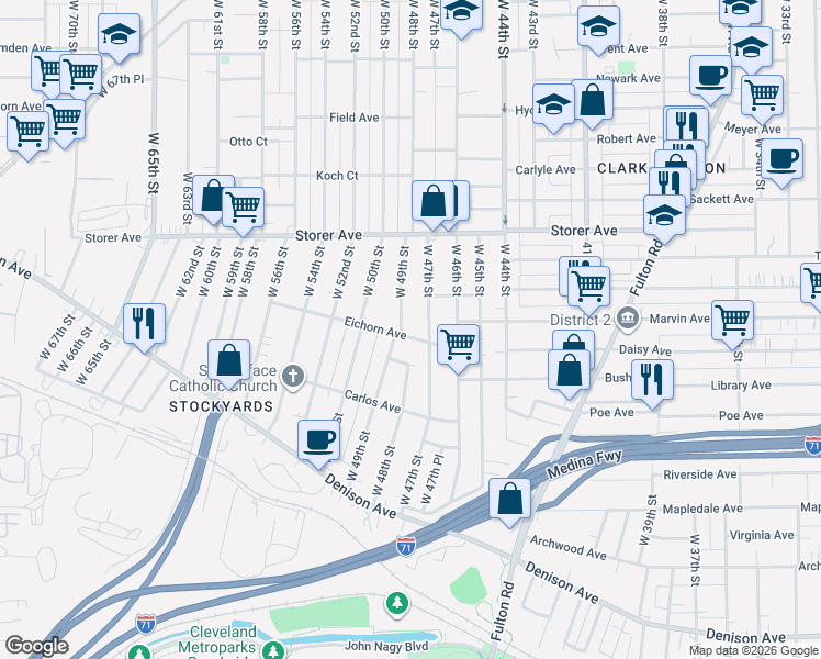 map of restaurants, bars, coffee shops, grocery stores, and more near 3465 West 49th Street in Cleveland