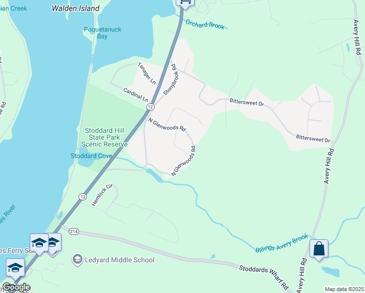 map of restaurants, bars, coffee shops, grocery stores, and more near 13 Forest Lane in Ledyard