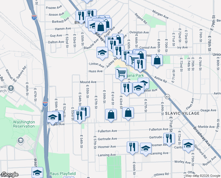 map of restaurants, bars, coffee shops, grocery stores, and more near 3620 East 61st Street in Cleveland