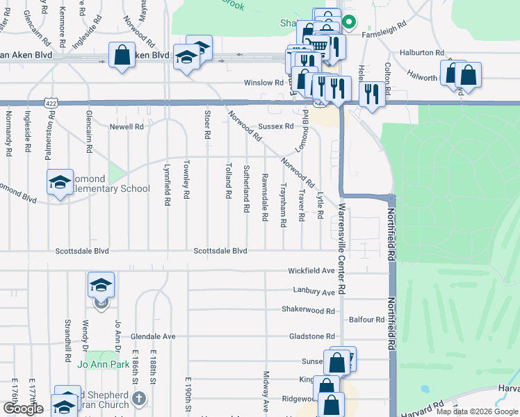 map of restaurants, bars, coffee shops, grocery stores, and more near 3665 Sutherland Road in Shaker Heights