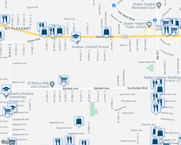 map of restaurants, bars, coffee shops, grocery stores, and more near 3669 East 149th Street in Cleveland