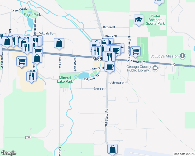 map of restaurants, bars, coffee shops, grocery stores, and more near 15897 Ridgewood Drive in Middlefield