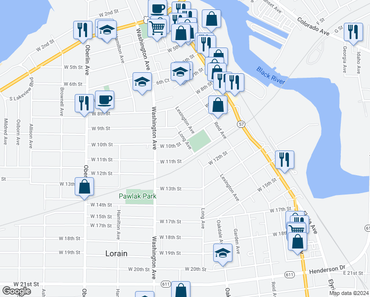 map of restaurants, bars, coffee shops, grocery stores, and more near 1022 Long Avenue in Lorain