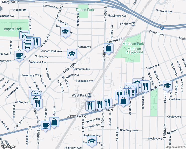 map of restaurants, bars, coffee shops, grocery stores, and more near 14115 Rainbow Avenue in Cleveland
