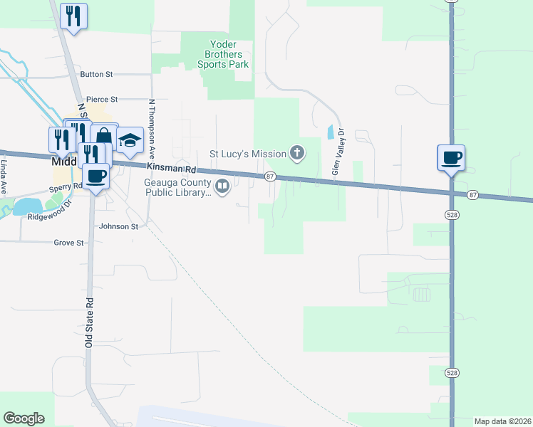 map of restaurants, bars, coffee shops, grocery stores, and more near 16223 Kinsman Road in Middlefield