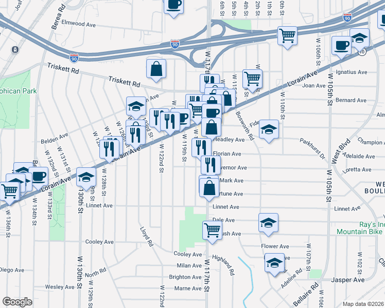 map of restaurants, bars, coffee shops, grocery stores, and more near 3403 West 118th Street in Cleveland