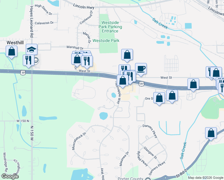 map of restaurants, bars, coffee shops, grocery stores, and more near 970 Millpond Road in Valparaiso