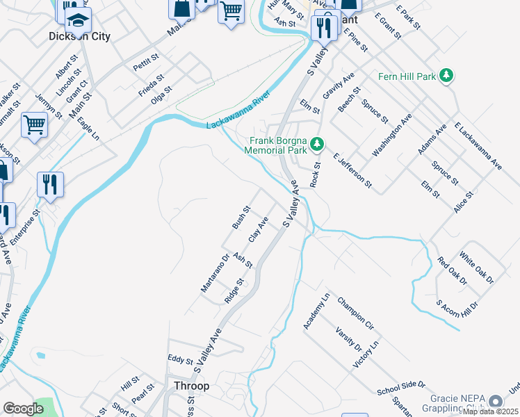 map of restaurants, bars, coffee shops, grocery stores, and more near 210 Division Street in Olyphant